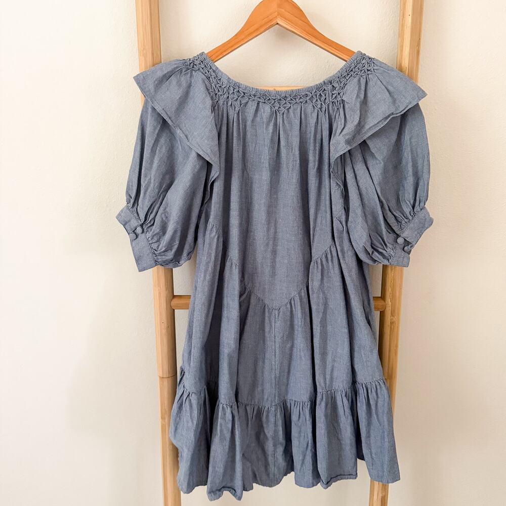 Free People Amelie Denim Mini Dress Blue Chambray Ruffle Puff Sleeve XS EUC - Picture 10 of 13